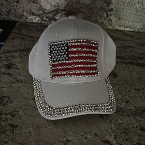 White Rhinestone American Flag Cap